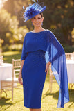 Royal Blue Bodycon Boat Neck Beaded Midi Mother of the Bride Dress with Cape