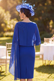 Royal Blue Bodycon Boat Neck Beaded Midi Mother of the Bride Dress with Cape