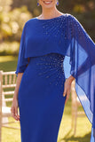 Royal Blue Bodycon Boat Neck Beaded Midi Mother of the Bride Dress with Cape