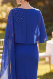 Royal Blue Bodycon Boat Neck Beaded Midi Mother of the Bride Dress with Cape