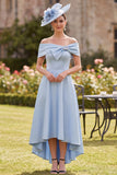 Blue Beaded A-Line High-Low Satin Mother of the Bride Dress with Bow