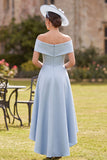 Blue Beaded A-Line High-Low Satin Mother of the Bride Dress with Bow