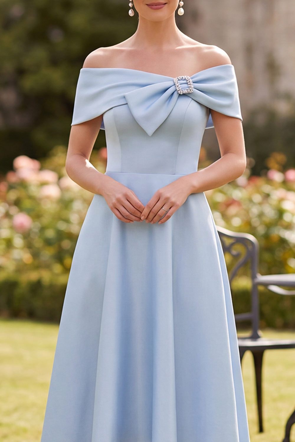 Blue Beaded A-Line High-Low Satin Mother of the Bride Dress with Bow