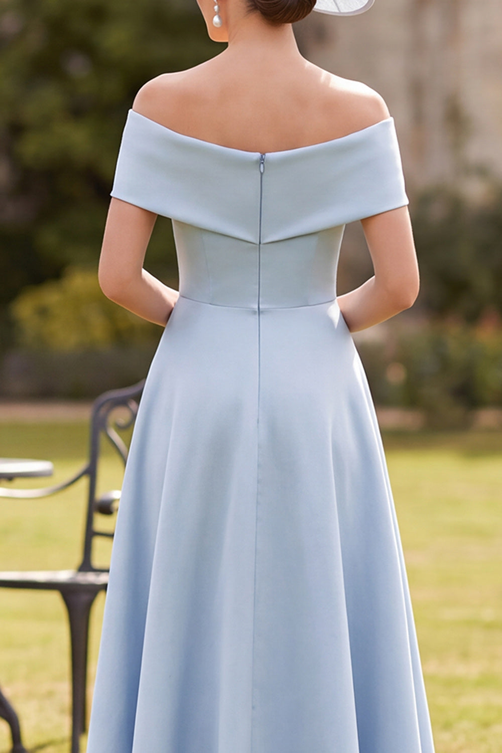Blue Beaded A-Line High-Low Satin Mother of the Bride Dress with Bow