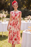 Red Floral A-Line Chiffon Ruched Beaded Midi Mother of the Bride Dress