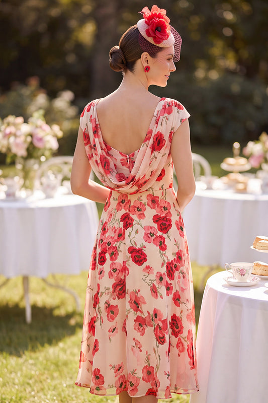 Red Floral A-Line Chiffon Ruched Beaded Midi Mother of the Bride Dress