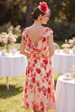 Red Floral A-Line Chiffon Ruched Beaded Midi Mother of the Bride Dress