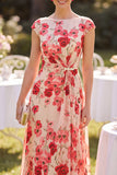 Red Floral A-Line Chiffon Ruched Beaded Midi Mother of the Bride Dress