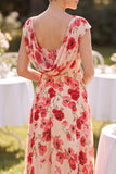 Red Floral A-Line Chiffon Ruched Beaded Midi Mother of the Bride Dress