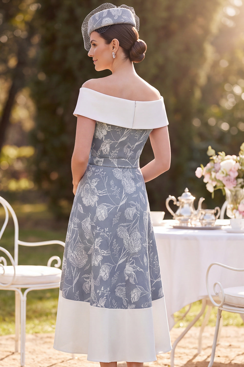 Grey White A-Line Floral Beaded High-Low Mother of the Bride Dress