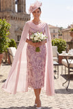 Sparkly Pink Bodycon Sequins Floral Midi Mother of the Bride Dress with Cape