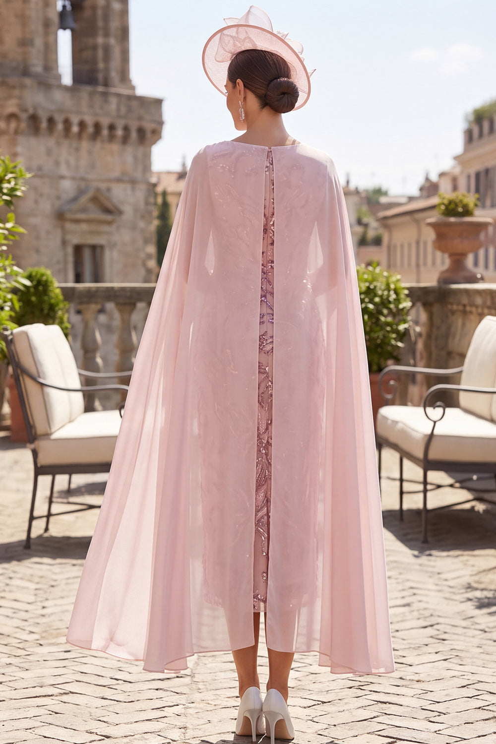 Sparkly Pink Bodycon Sequins Floral Midi Mother of the Bride Dress with Cape