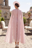Sparkly Pink Bodycon Sequins Floral Midi Mother of the Bride Dress with Cape