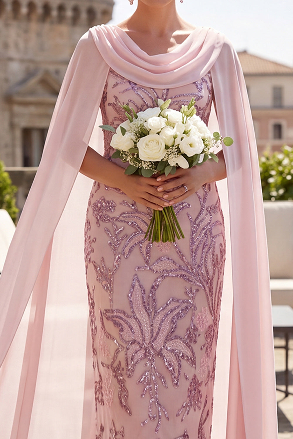Sparkly Pink Bodycon Sequins Floral Midi Mother of the Bride Dress with Cape