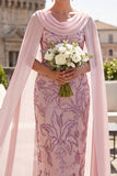 Sparkly Pink Bodycon Sequins Floral Midi Mother of the Bride Dress with Cape