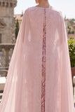 Sparkly Pink Bodycon Sequins Floral Midi Mother of the Bride Dress with Cape