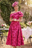 Fuchsia One Shoulder Floral A-Line Ruched Midi Mother of the Bride Dress