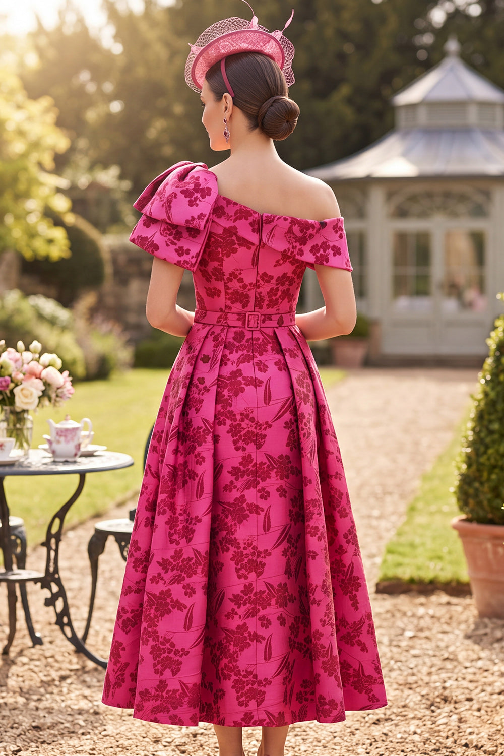 Fuchsia One Shoulder Floral A-Line Ruched Midi Mother of the Bride Dress