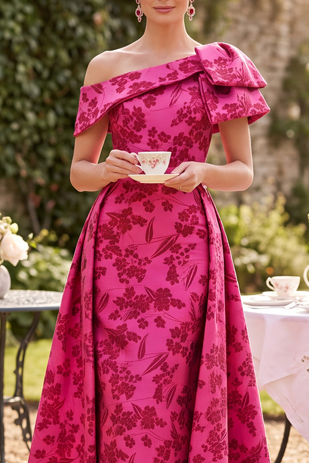 Fuchsia One Shoulder Floral A-Line Ruched Midi Mother of the Bride Dress