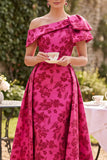 Fuchsia One Shoulder Floral A-Line Ruched Midi Mother of the Bride Dress