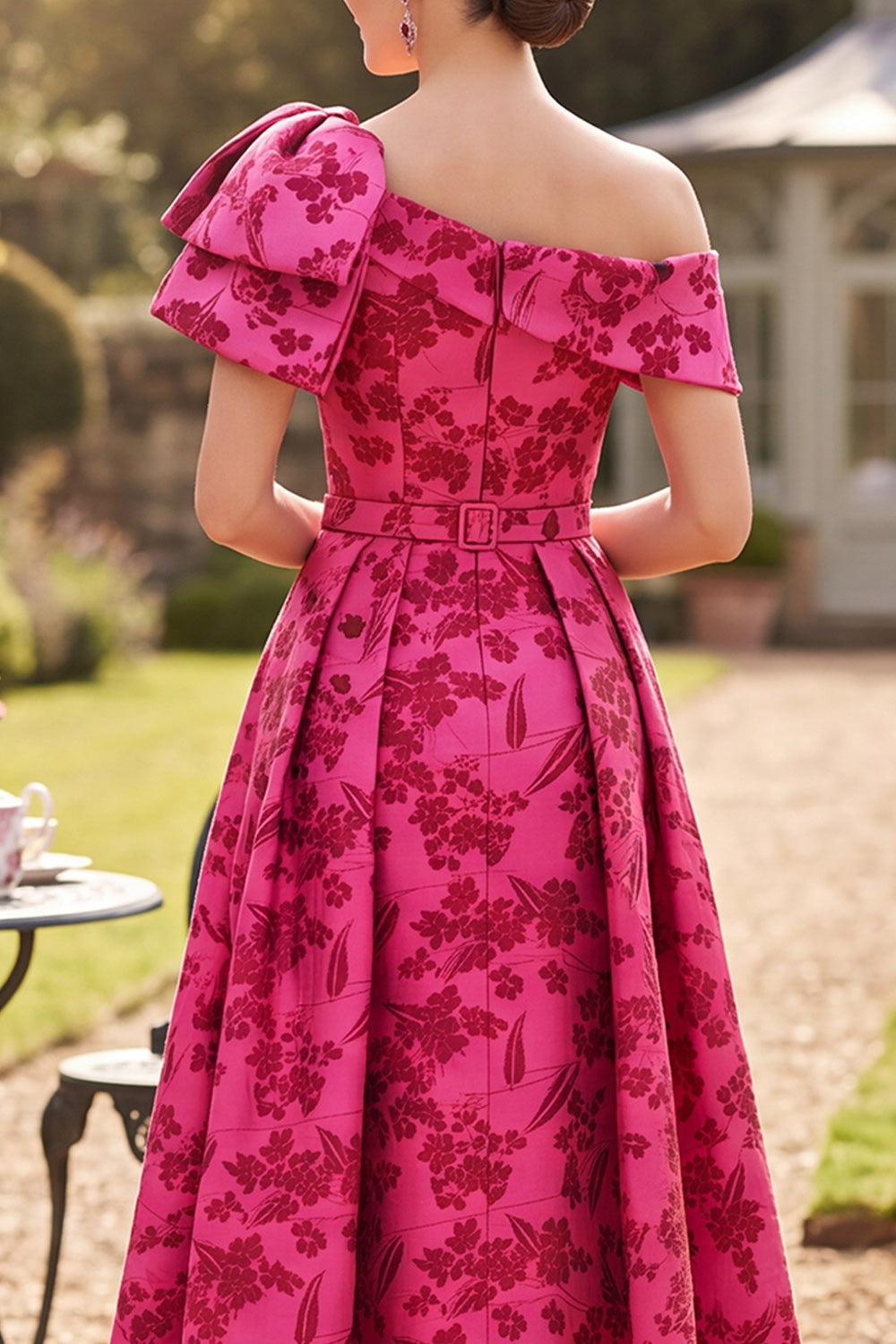 Fuchsia One Shoulder Floral A-Line Ruched Midi Mother of the Bride Dress