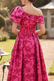Fuchsia One Shoulder Floral A-Line Ruched Midi Mother of the Bride Dress