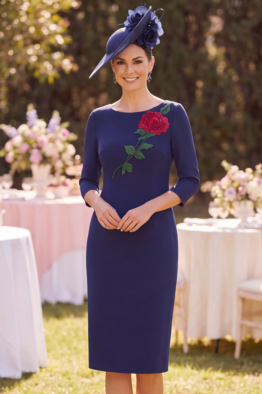 Navy Bodycon Boat Neck Midi Floral Mother of the Bride Dress
