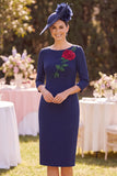 Navy Bodycon Boat Neck Midi Floral Mother of the Bride Dress