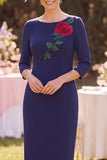 Navy Bodycon Boat Neck Midi Floral Mother of the Bride Dress