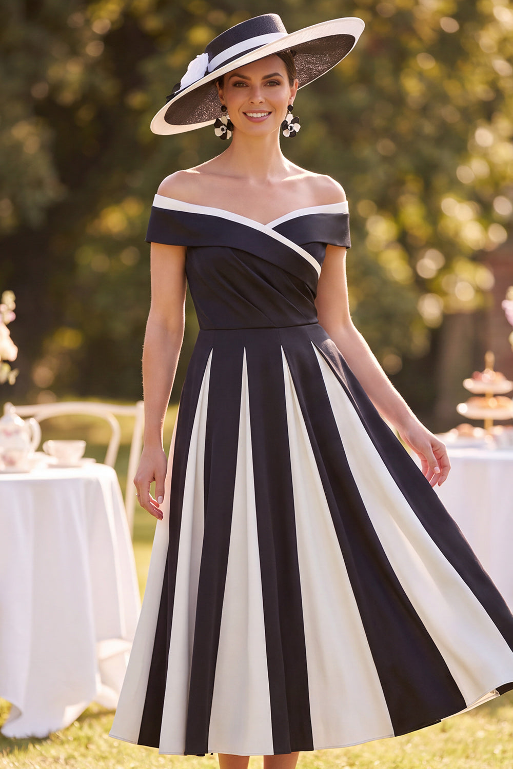 Black White A-Line Off the Shoulder Satin Ruched Midi Mother of the Bride Dress
