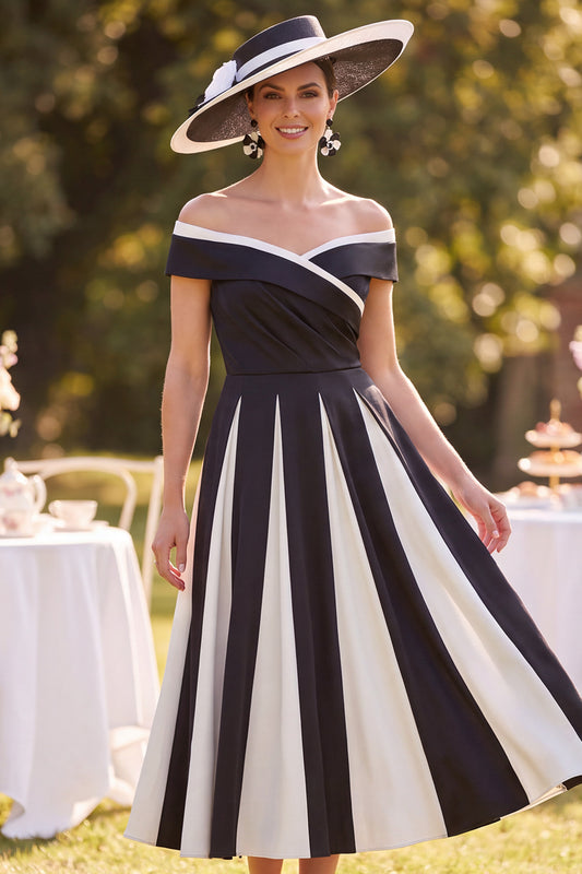 Black White A-Line Off the Shoulder Satin Ruched Midi Mother of the Bride Dress