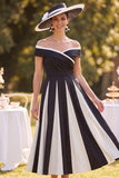 Black White A-Line Off the Shoulder Satin Ruched Midi Mother of the Bride Dress