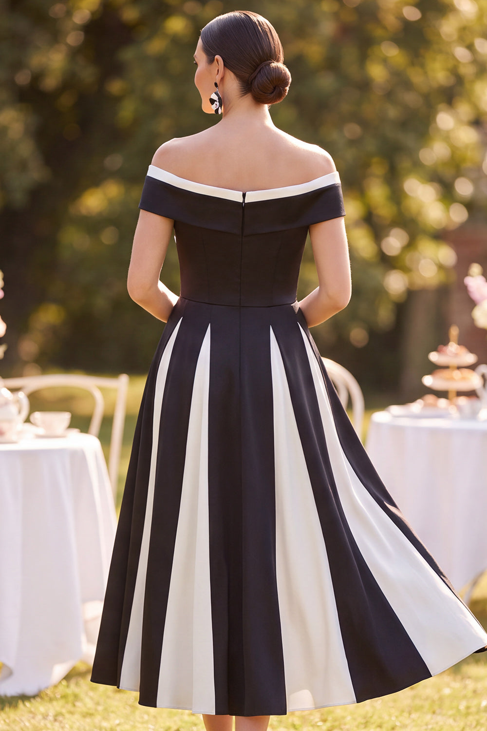 Black White A-Line Off the Shoulder Satin Ruched Midi Mother of the Bride Dress