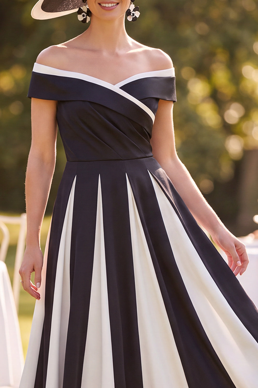 Black White A-Line Off the Shoulder Satin Ruched Midi Mother of the Bride Dress