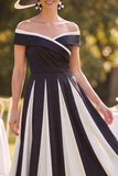 Black White A-Line Off the Shoulder Satin Ruched Midi Mother of the Bride Dress