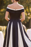 Black White A-Line Off the Shoulder Satin Ruched Midi Mother of the Bride Dress