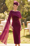 Burgundy Plaid Bodycon Velvet Midi Mother of the Bride Dress with 3D Flower