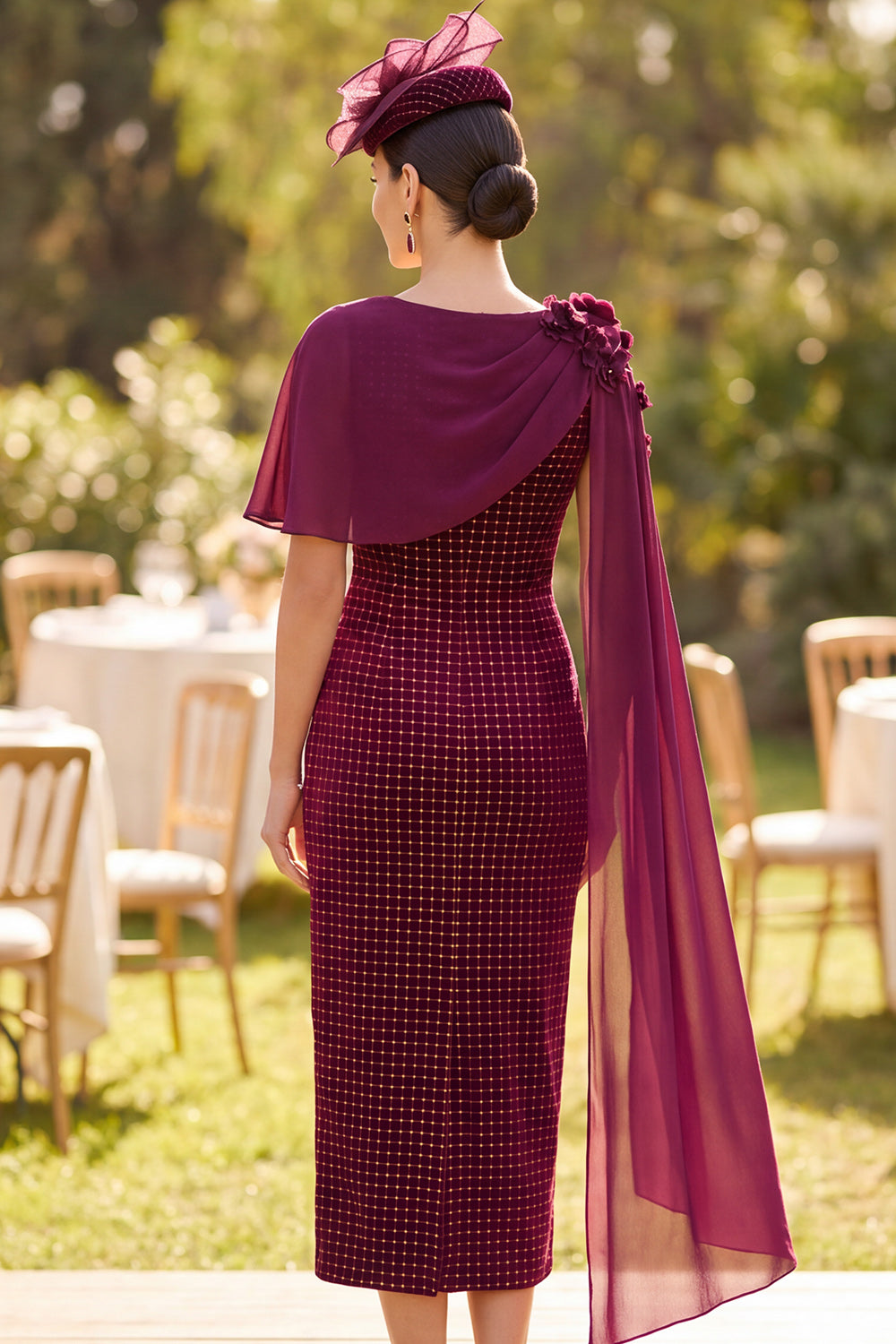 Burgundy Plaid Bodycon Velvet Midi Mother of the Bride Dress with 3D Flower