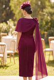 Burgundy Plaid Bodycon Velvet Midi Mother of the Bride Dress with 3D Flower