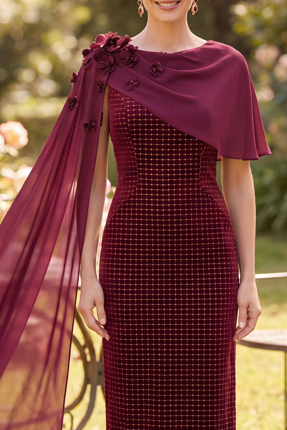 Burgundy Plaid Bodycon Velvet Midi Mother of the Bride Dress with 3D Flower