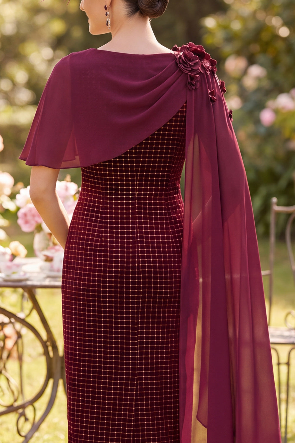 Burgundy Plaid Bodycon Velvet Midi Mother of the Bride Dress with 3D Flower