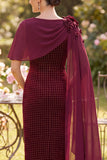 Burgundy Plaid Bodycon Velvet Midi Mother of the Bride Dress with 3D Flower