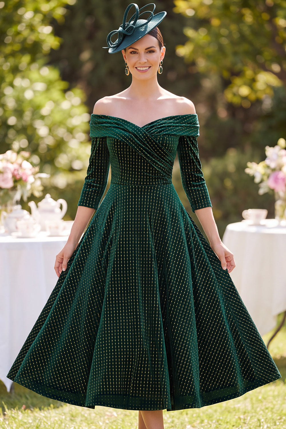 Dark Green Plaid A-Line Ruched Midi Velvet Mother of the Bride Dress with Sleeves