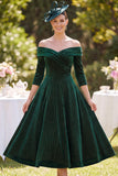 Dark Green Plaid A-Line Ruched Midi Velvet Mother of the Bride Dress with Sleeves