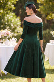 Dark Green Plaid A-Line Ruched Midi Velvet Mother of the Bride Dress with Sleeves
