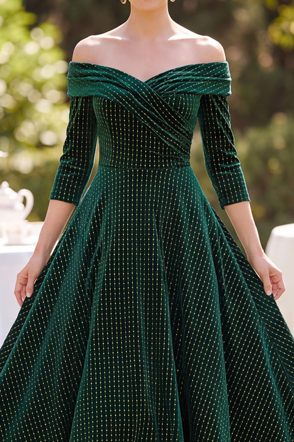Dark Green Plaid A-Line Ruched Midi Velvet Mother of the Bride Dress with Sleeves