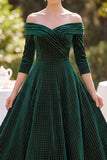 Dark Green Plaid A-Line Ruched Midi Velvet Mother of the Bride Dress with Sleeves