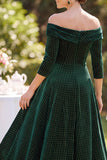 Dark Green Plaid A-Line Ruched Midi Velvet Mother of the Bride Dress with Sleeves