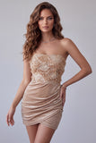 Sparkly Champagne Sequin Strapless Ruched Short Velvet Homecoming Dress
