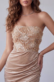 Sparkly Champagne Sequin Strapless Ruched Short Velvet Homecoming Dress
